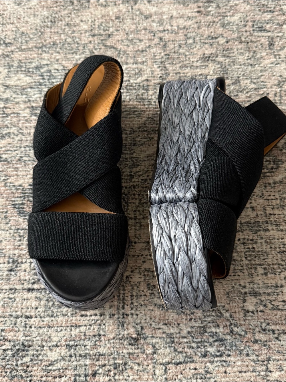 Robert Clergerie Black Wedge Sandals with Braided Gray Platform